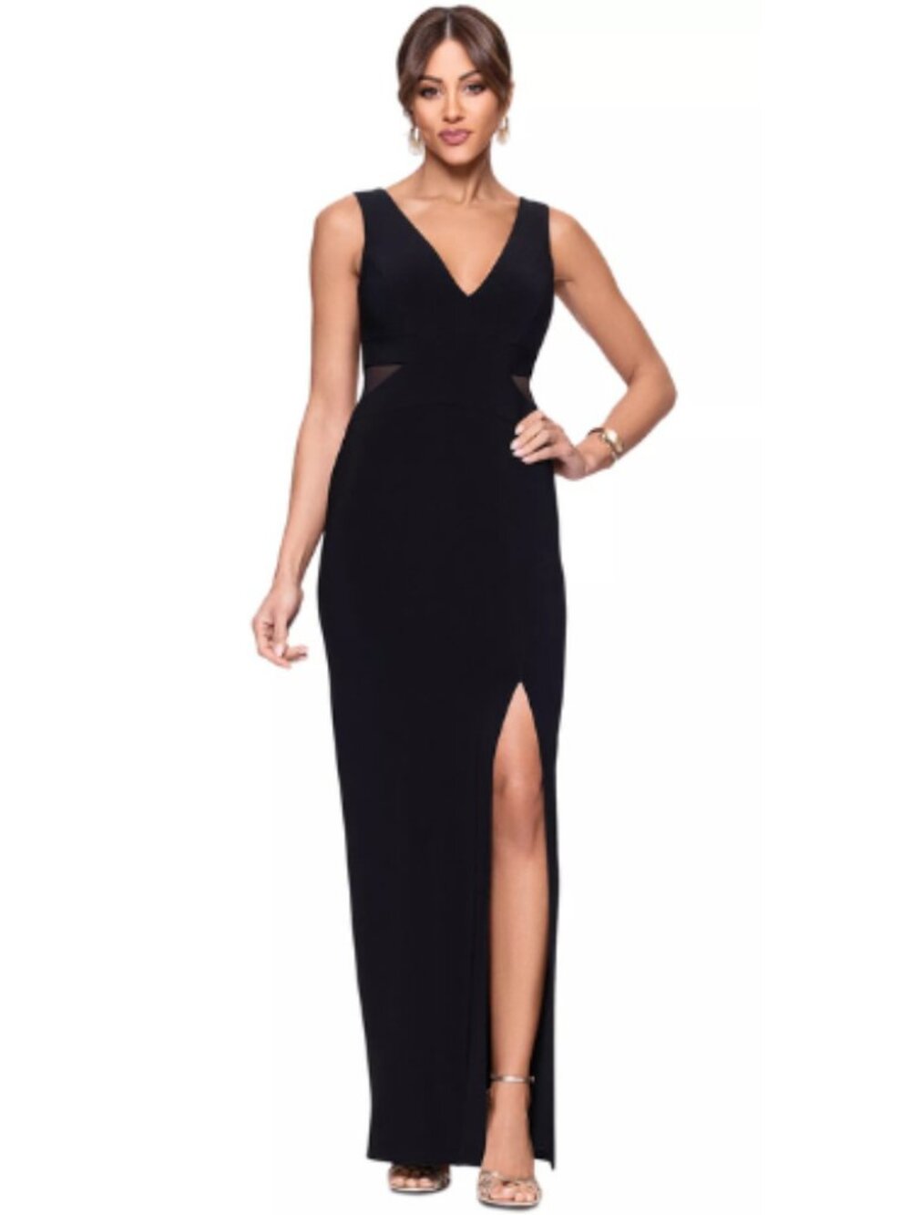 Xscape Black Jersey Gown Floor Length Mesh Insert Evening Dress Size 8, 12 NWT